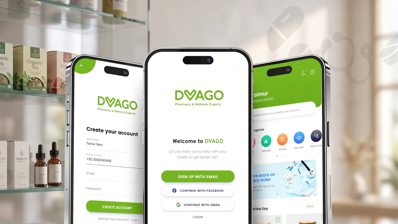 DVAGO pharmacy and wellness app screens displayed on three smartphones