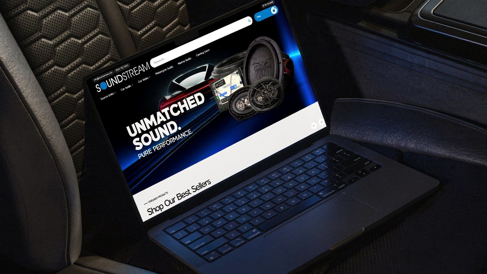 SoundStream car audio ecommerce website design mockup displayed on a laptop