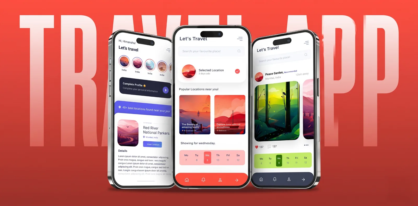 Travel mobile app UI screens displayed on three iPhones with red travel-themed background