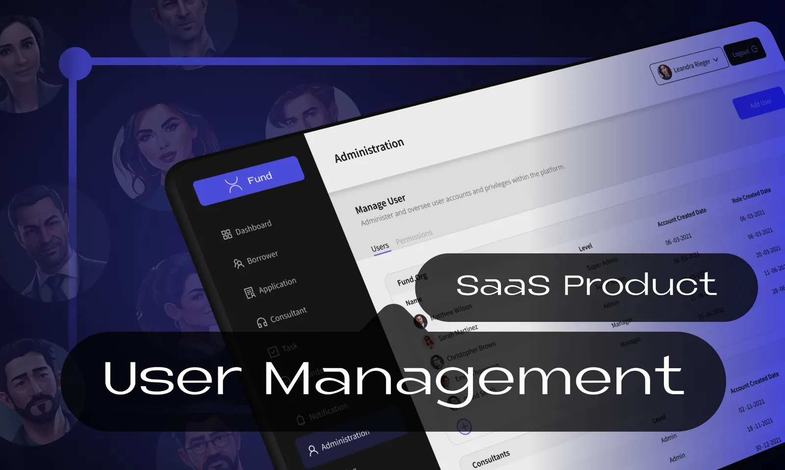 User management SaaS product administration screen displayed in a large angled interface mockup